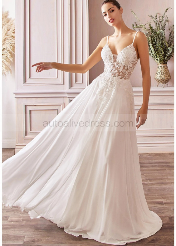 Beaded Spaghetti Straps Ivory Lace Chiffon Wedding Dress